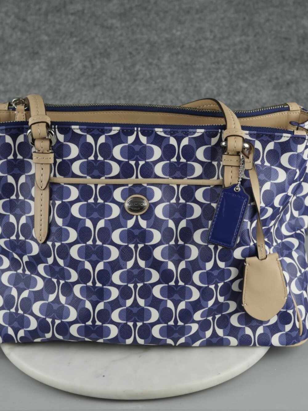 Coach Signature Blue Tote Bag Navy White Leather Trim F25457 Large Carryall